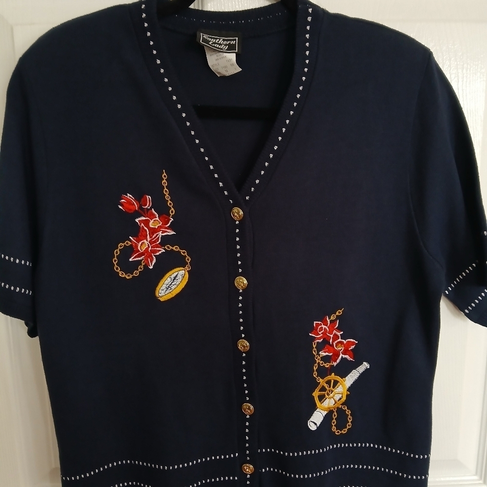 VTG Womens Floral Embroidered Cardigan Sweater Coastal Grandma Nautical Casual - Picture 3 of 7